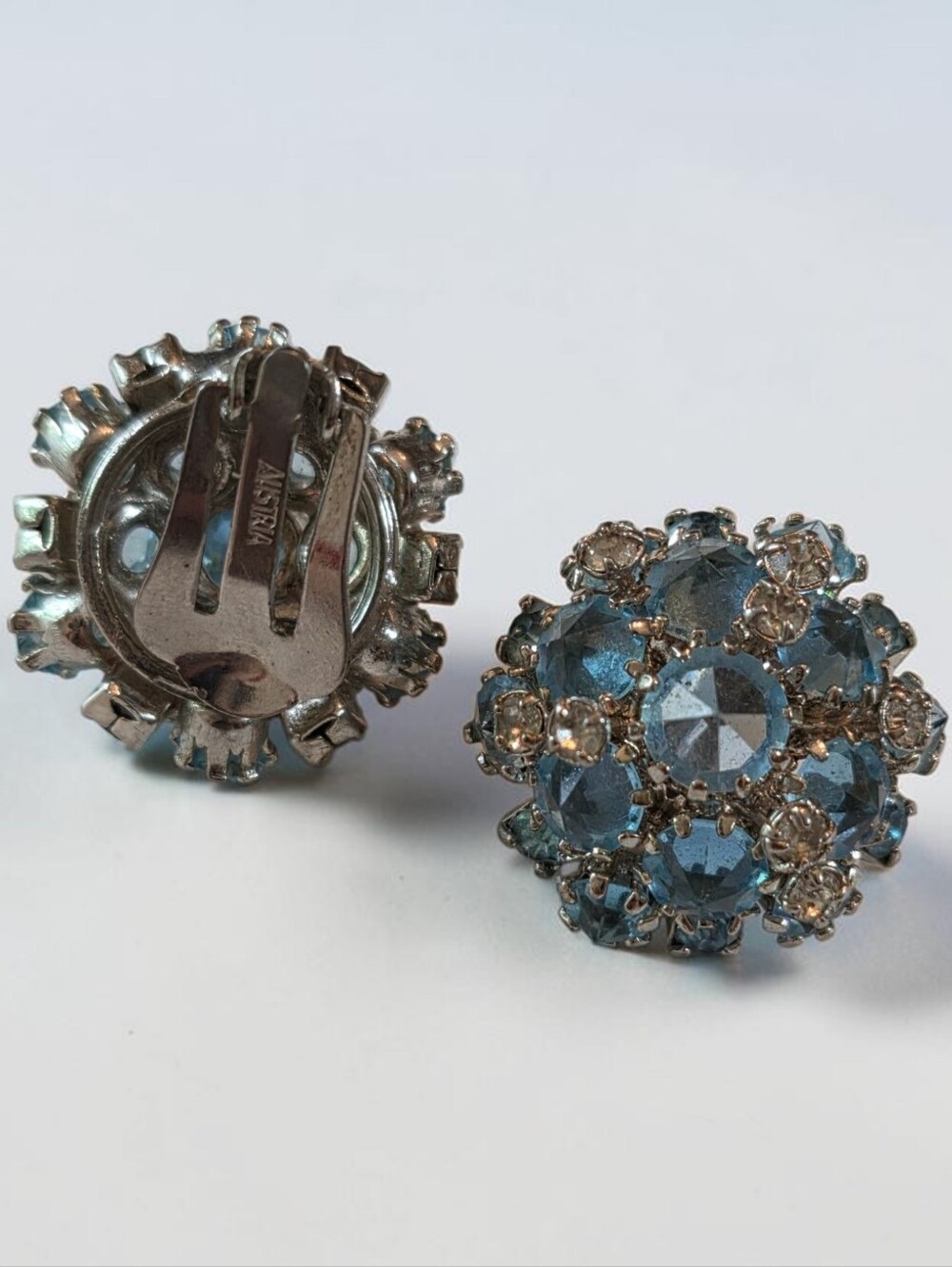 Vintage Austrian Blue & White Crystal Cluster Clip-On Earrings, Excellent Cond.
